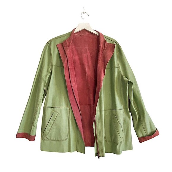 Vintage Retro look Reversible zip front Leather Jacket. Green and pink/red. - Picture 1 of 16